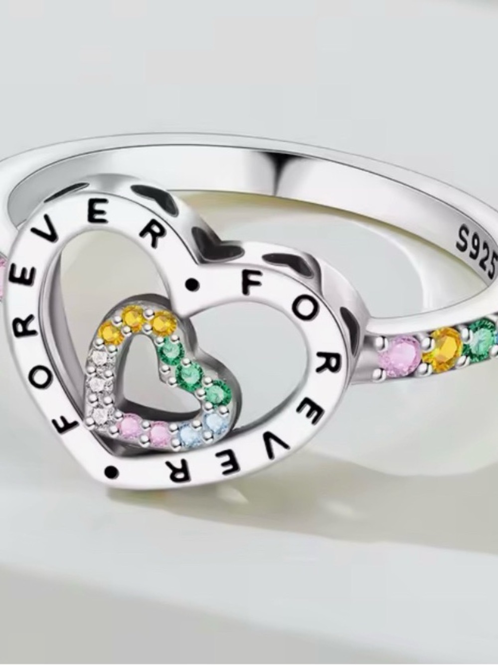 Sterling Silver 'Forever' Double Heart Ring with Multicolor Stones